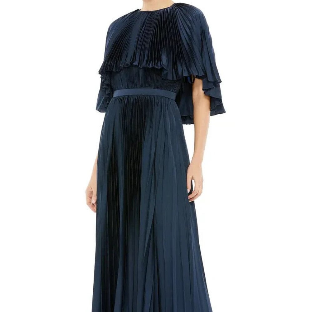 Ieena Mac Duggal Midnight Blue Pleated Capelet Satin Dress